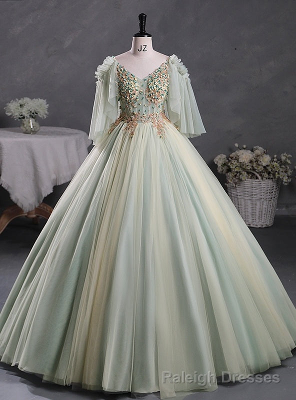 Green Tulle V-neck Backless Flower Quinceanera Dress Main image