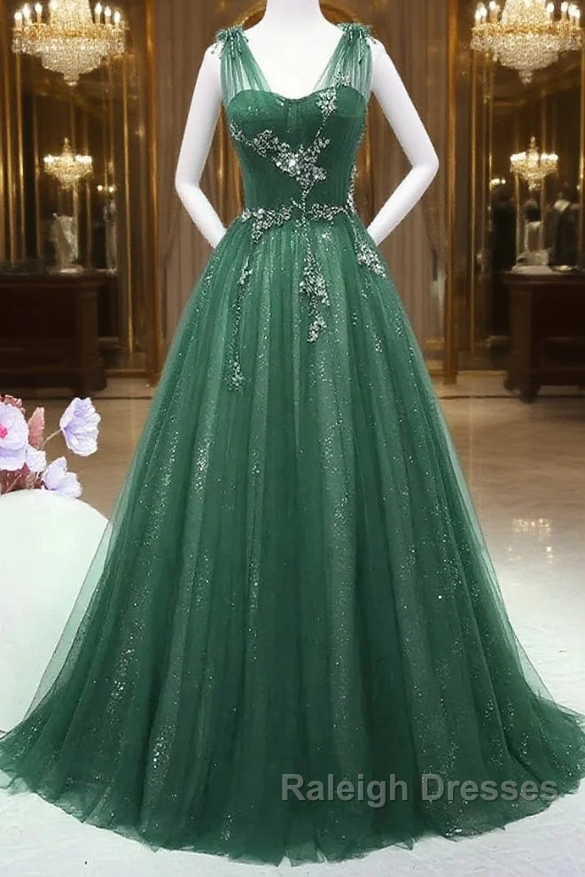 Green Tulle V Neck Beading Appliques Prom Dress Main image