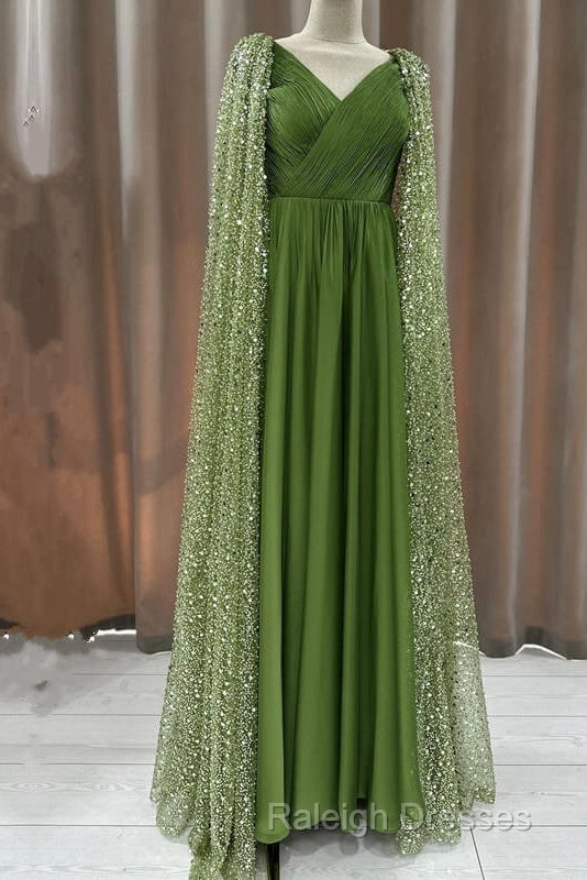 Green Tulle V-Neck Dress With Beaded Cape Secondary image