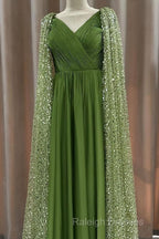 Green Tulle V-Neck Dress With Beaded Cape