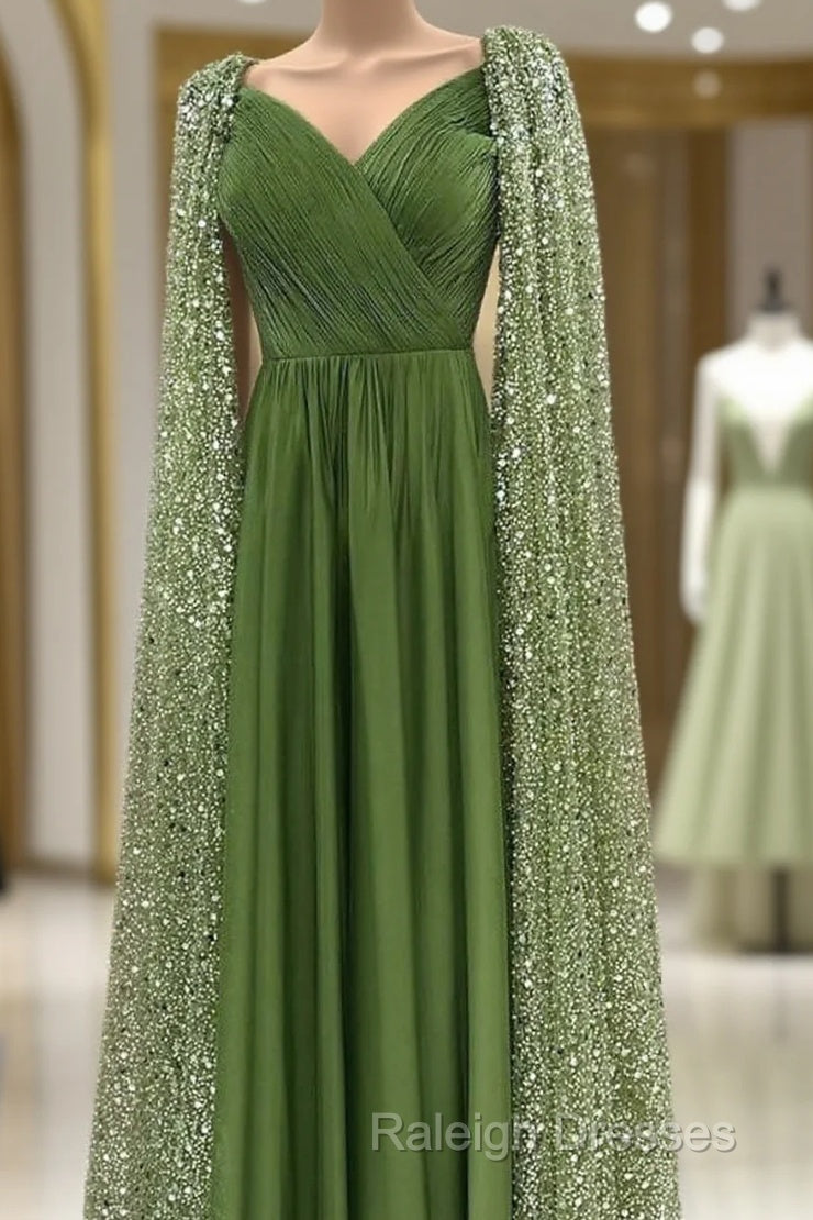 Green Tulle V-Neck Dress With Beaded Cape Main image