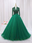 Green Tulle V-neck Long Sleeve Backless Beading Prom Dress
