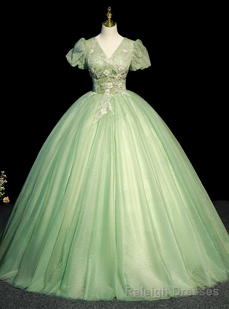 Green Tulle V-neck Short Sleeve Quinceanera Dress Main image