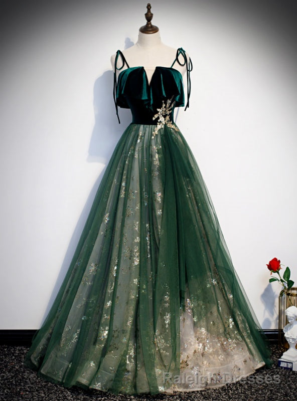 Green Tulle Velvet Spaghetti Straps Sequins Prom Dress Main image