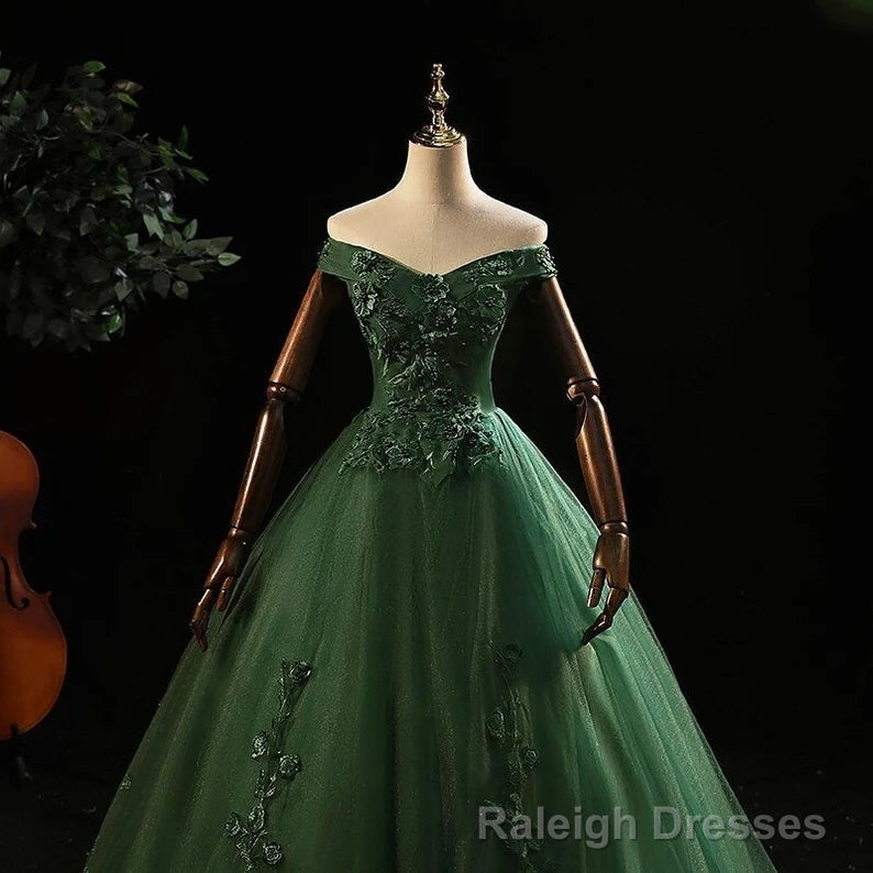 Green Tulle with Lace Applique Long Prom Dress, Green Sweet 16 Dresses Secondary image