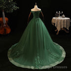 Green Tulle with Lace Applique Long Prom Dress, Green Sweet 16 Dresses