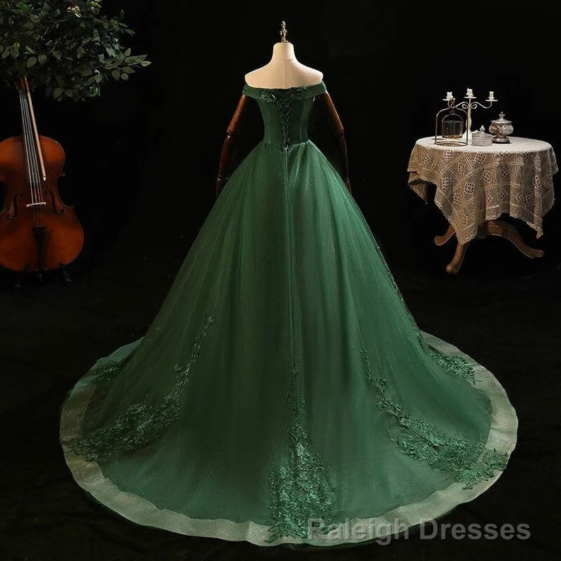 Green Tulle with Lace Applique Long Prom Dress, Green Sweet 16 Dresses