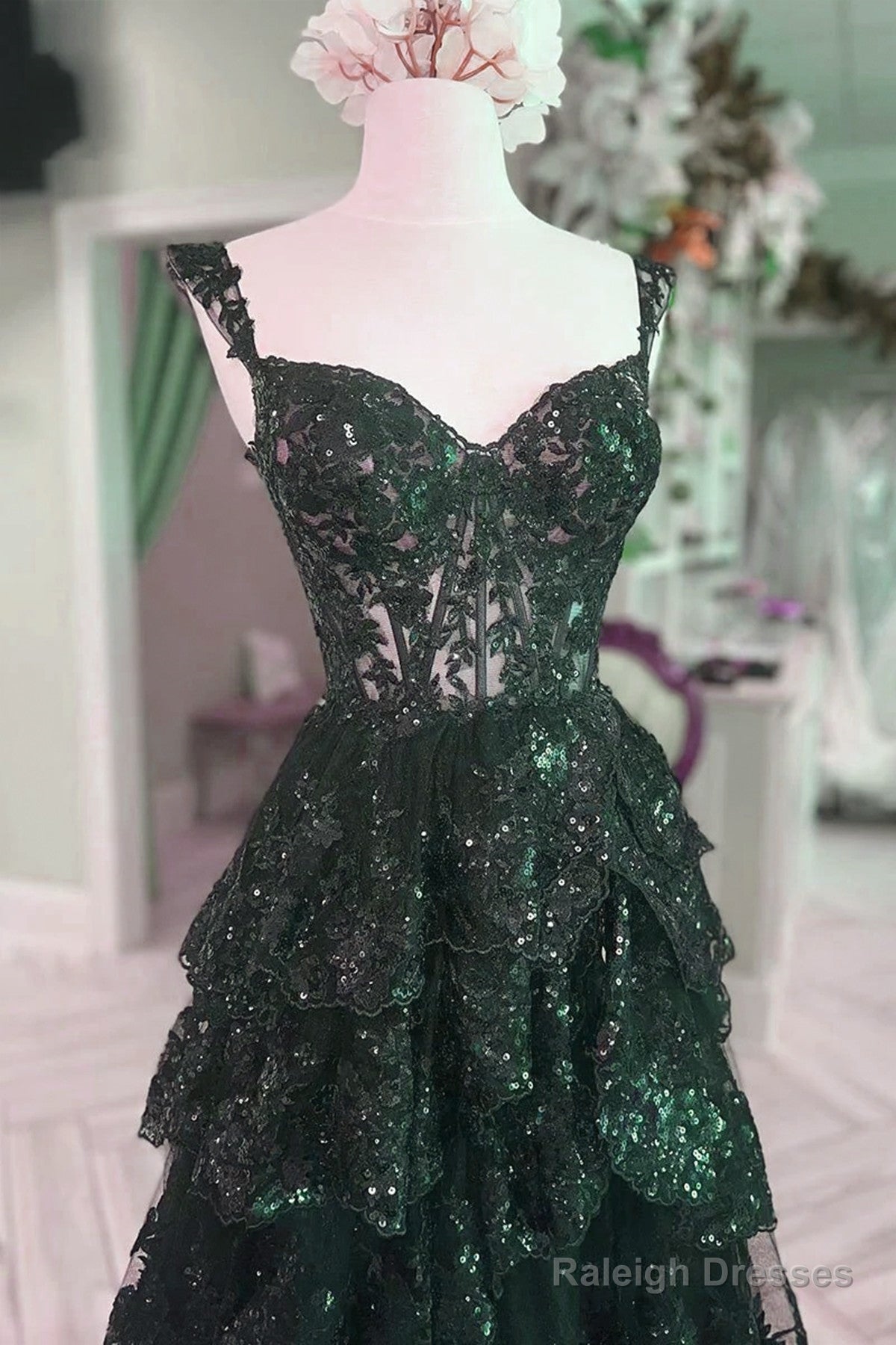 Green Tulle With Lace Straps Layers Party Dress, Green Tulle Prom Dress Secondary image