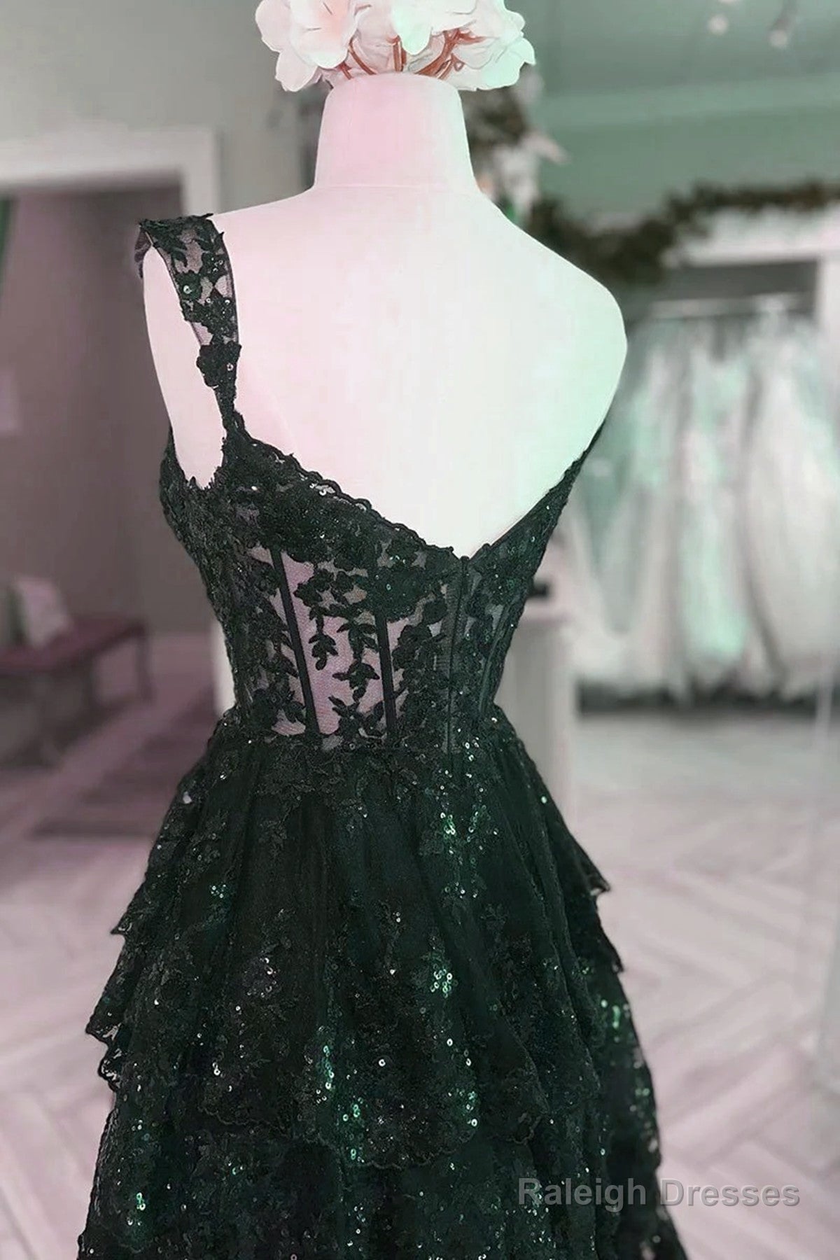 Green Tulle With Lace Straps Layers Prom Dresses Green Tulle Prom Dresses