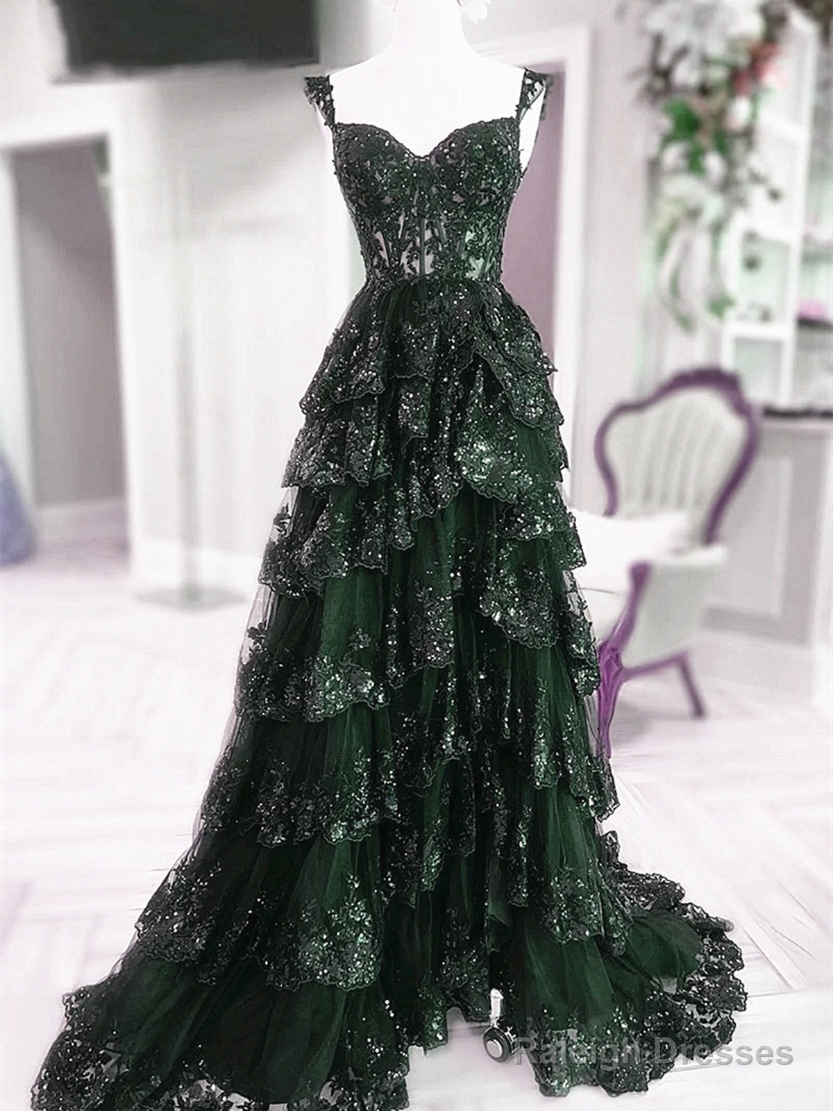 Green Tulle With Lace Straps Layers Prom Dresses Green Tulle Prom Dresses Main image