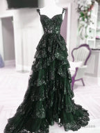 Green Tulle With Lace Straps Layers Prom Dresses Green Tulle Prom Dresses