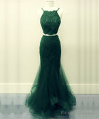 Green Two Piece Prom Dress Mermaid Applique Ruffles