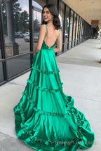 Green V Neck Backless Ruffle A Line Prom Gowns with Slit