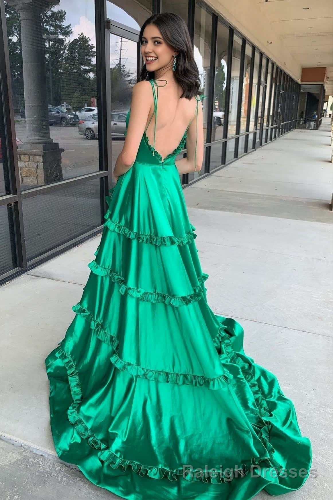 Green V Neck Backless Ruffle A Line Prom Gowns with Slit