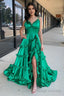 Green V Neck Backless Ruffle A Line Prom Gowns with Slit