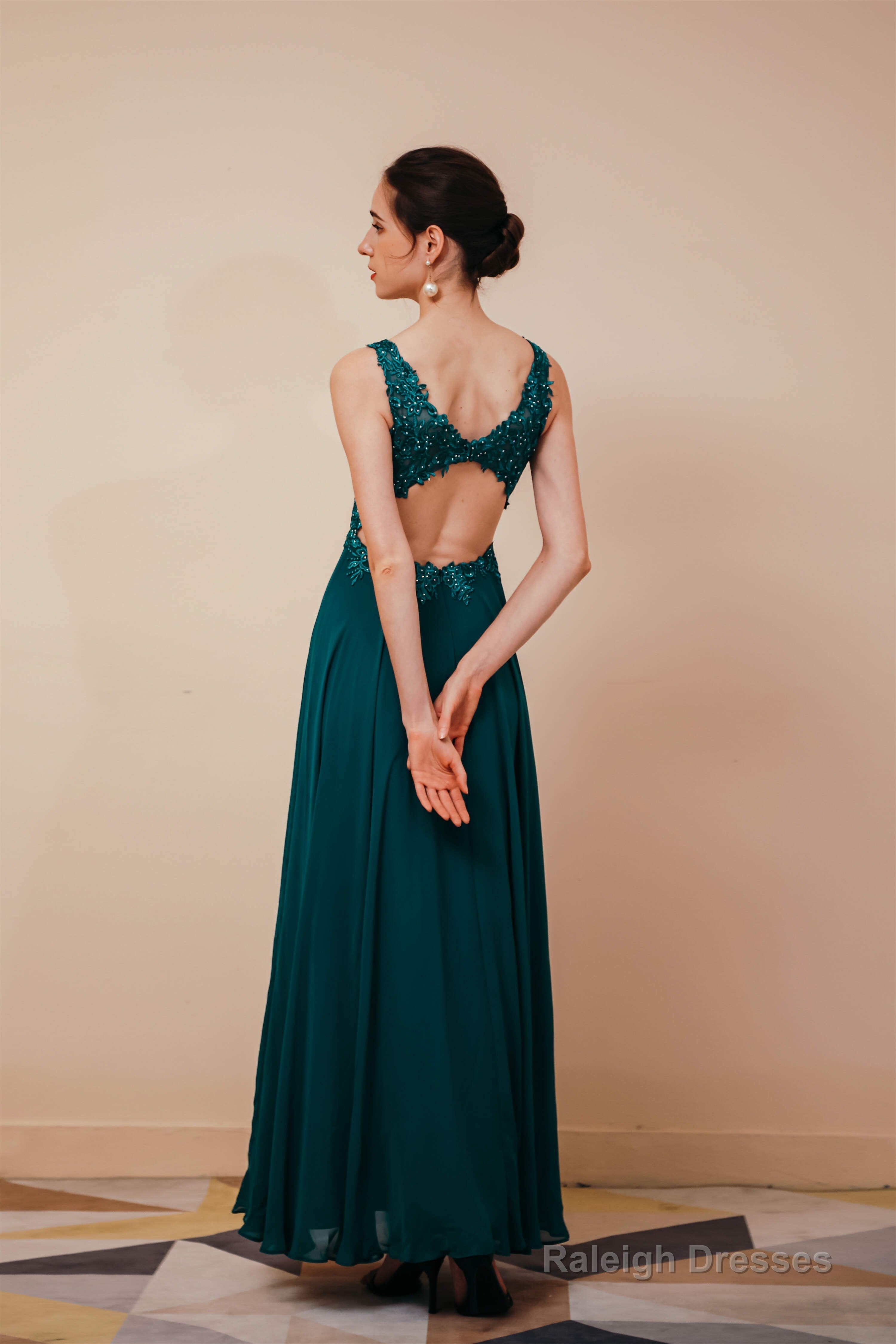 V-Neck Chiffon Appliques A Line Long Prom Dresses