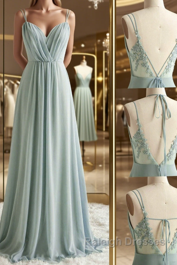 Green V Neck Chiffon Prom Dress with Lace Back Green V Neck Long Prom Dress Main image