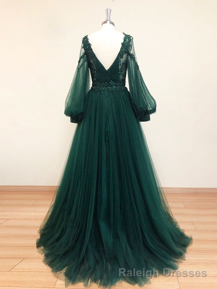 Green V Neck Lace A line Long Prom Dress,Tulle Prom Dresses Long Sleeve