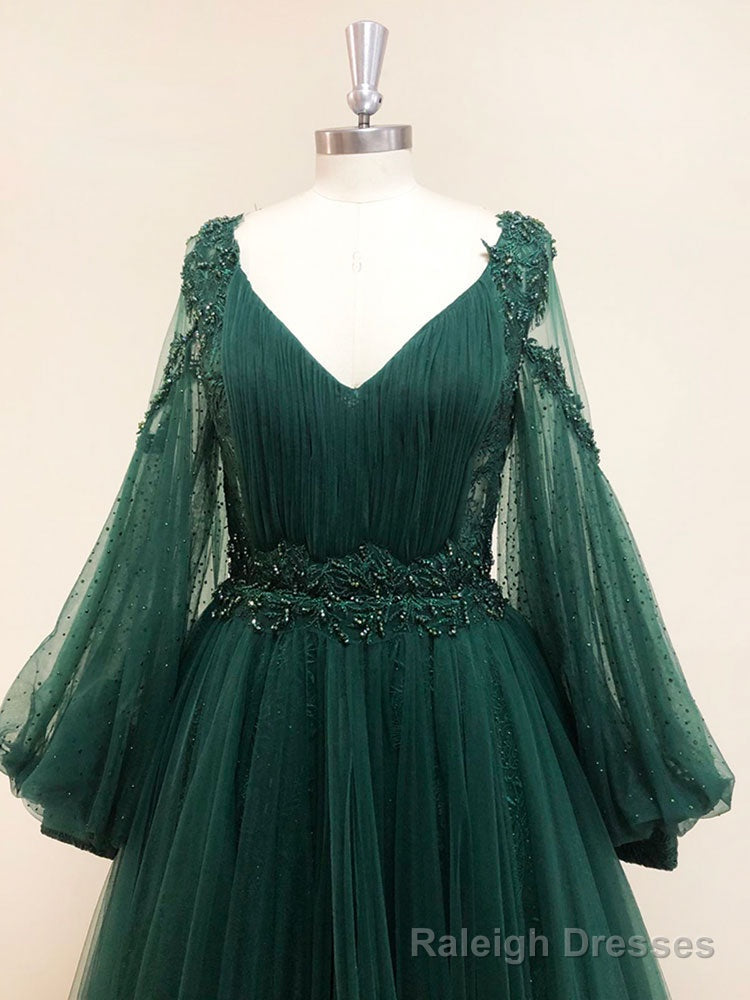 Green V Neck Lace A line Long Prom Dress,Tulle Evening Dresses Long Sleeve