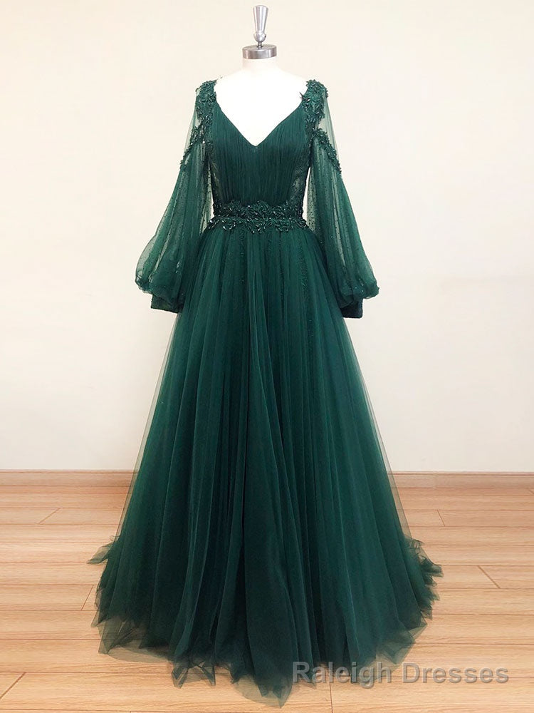 Green V Neck Lace A line Long Prom Dress,Tulle Prom Dresses Long Sleeve