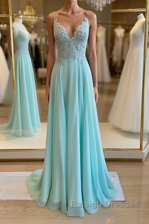 Green v neck lace chiffon long prom dress, lace evening dress Main image