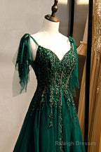 Green V Neck Lace Long Prom Dress, A Line Spaghetti Straps Prom Dress