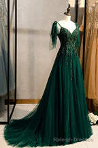 Green V Neck Lace Long Prom Dress, A Line Spaghetti Straps Prom Dress