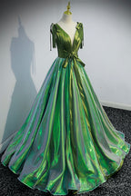 Green V Neck Long A Line Prom Dress, Simple Green Prom Prom Dress