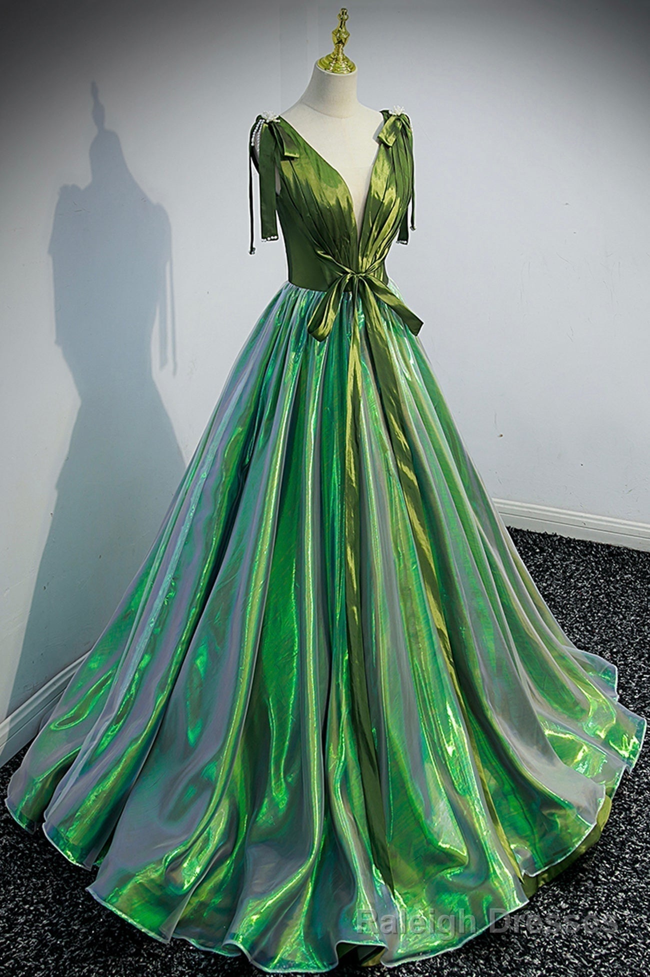 Green V Neck Long A Line Prom Dress, Simple Green Prom Prom Dress