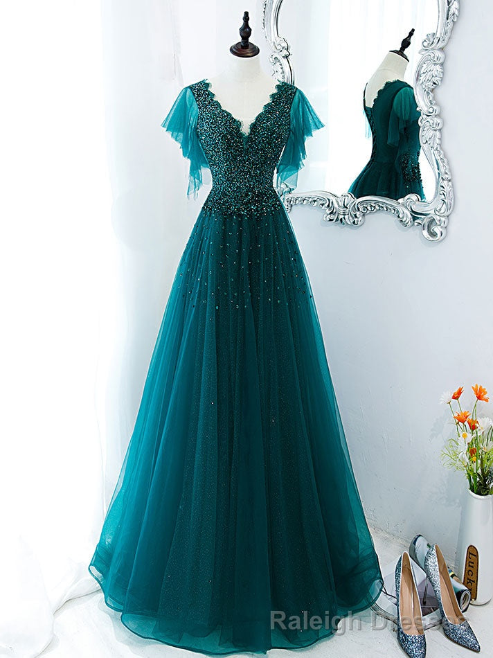 Green V Neck Sequin Beads Long Prom Dress, Green Formal Bridesmaid Dresses Secondary image