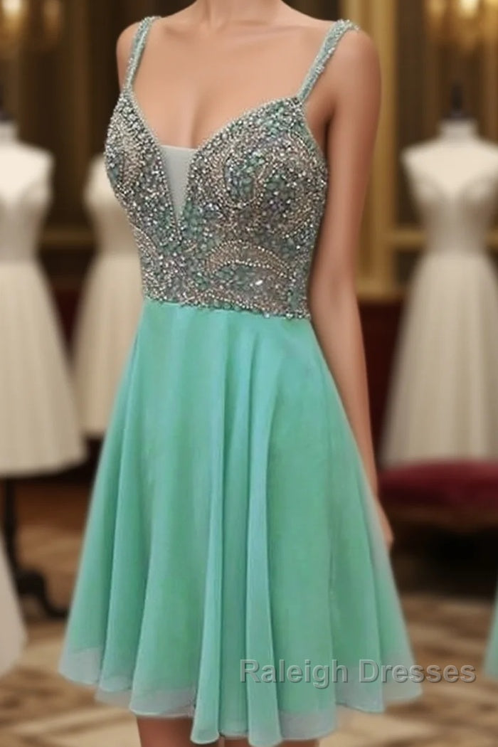 Green V Neck Sequin Beads Short Homecoming Dress Main image