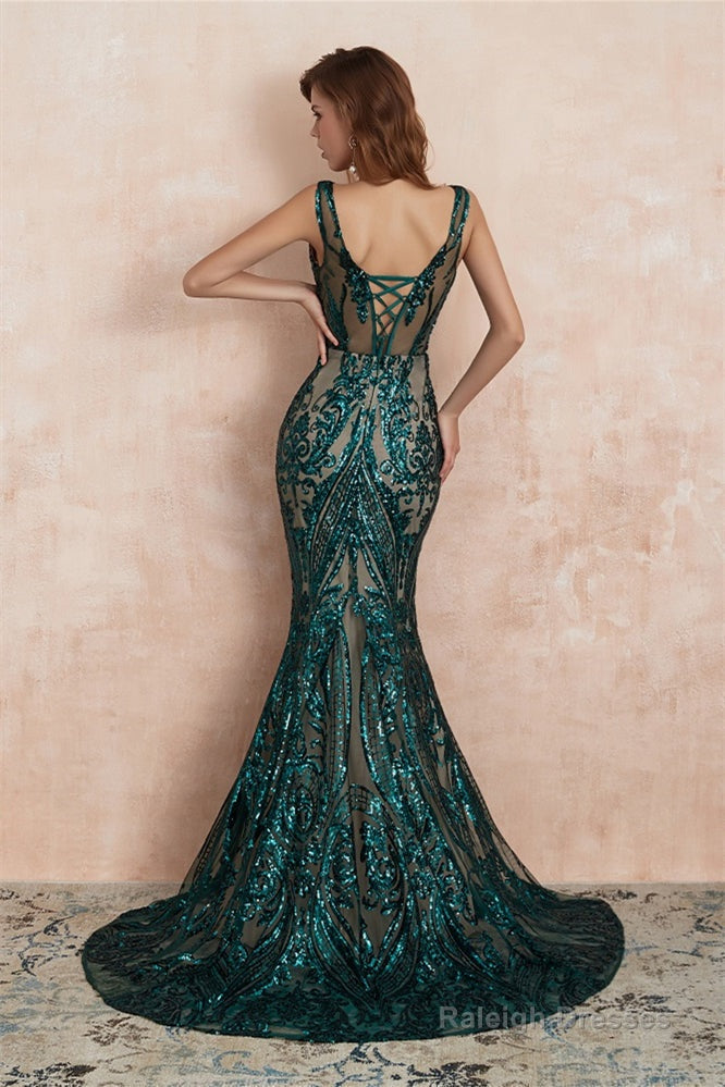 V-Neck Sequins Mermaid Sleeveless Lace-up Prom Dresses