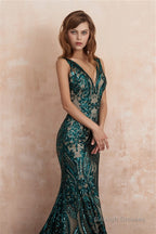 V-Neck Sequins Mermaid Sleeveless Lace-up Prom Dresses