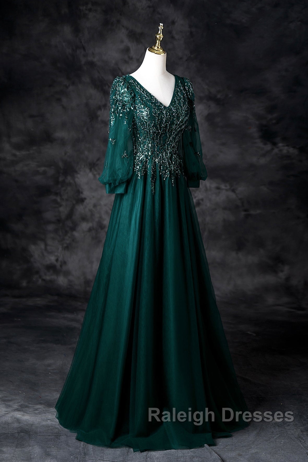 Green V-Neck Tulle Beads Long Prom Dress, Elegant Long Sleeve Evening Party Dress Secondary image