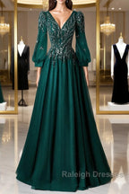 Green V-Neck Tulle Beads Long Prom Dress, Elegant Long Sleeve Evening Party Dress