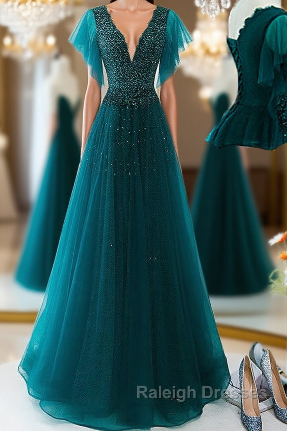 Green v neck tulle beads long prom dress, green tulle formal dress