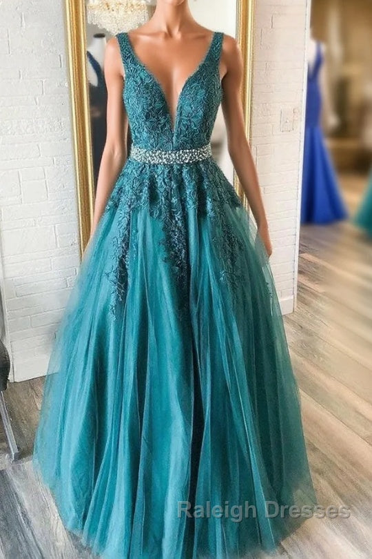 Green v neck tulle lace long prom Dresses green Prom Dresses