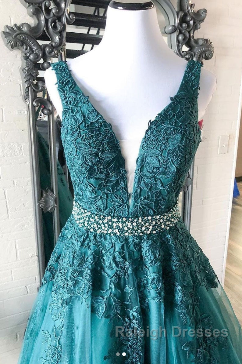 Green v neck tulle lace long prom dress, green formal dress Secondary image