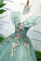 Green V Neck Tulle Long A Line Prom Dress, A Line Prom Formal Gowns