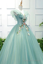 Green V Neck Tulle Long A Line Prom Dress, A Line Prom Formal Gowns
