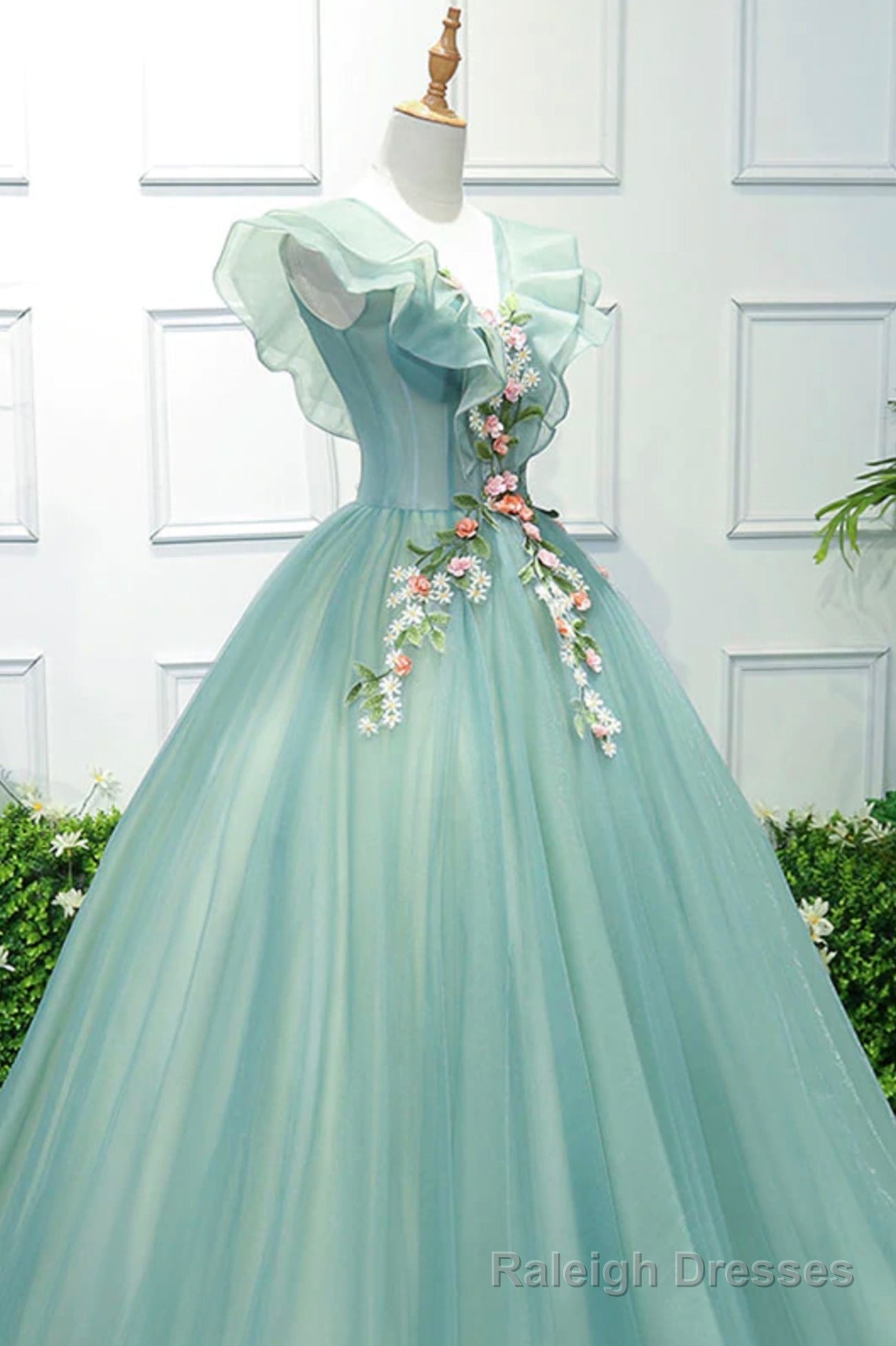 Green V Neck Tulle Long A Line Prom Dress, A Line Prom Formal Gowns