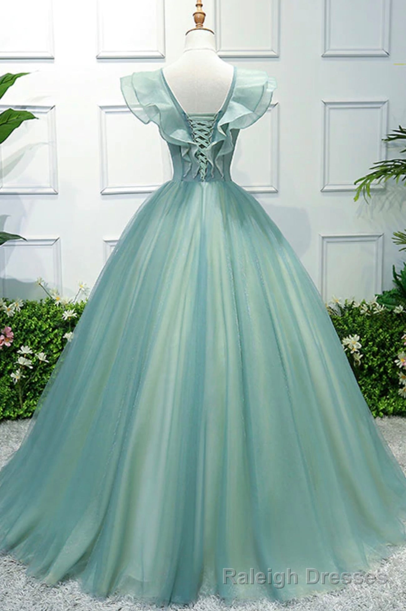 Green V Neck Tulle Long A Line Prom Dress, A Line Prom Formal Gowns Secondary image