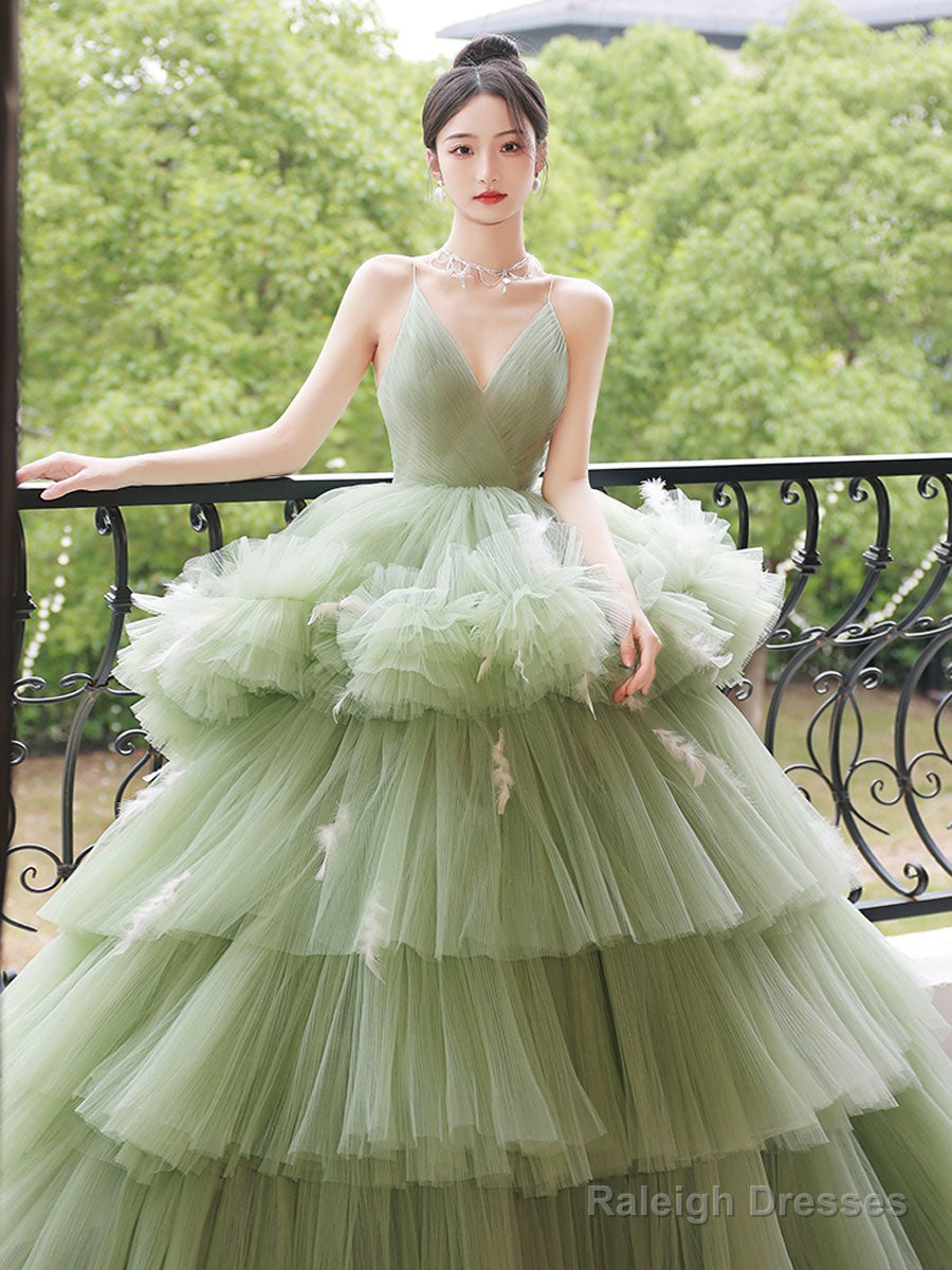Green V Neck Tulle Long Prom Dress, Green Tulle Formal Evening Dress Secondary image