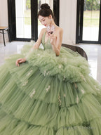 Green V Neck Tulle Long Prom Dress, Green Tulle Formal Evening Dress