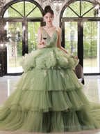 Green V Neck Tulle Long Prom Dress, Green Tulle Formal Evening Dress