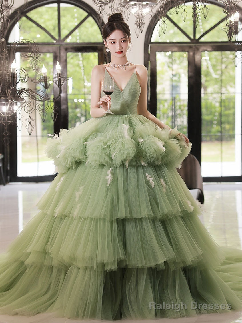 Green V Neck Tulle Long Prom Dress, Green Tulle Formal Evening Dress