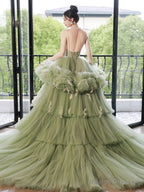 Green V Neck Tulle Long Prom Dress, Green Tulle Formal Evening Dress