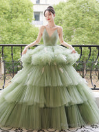 Green V Neck Tulle Long Prom Dress, Green Tulle Formal Evening Dress