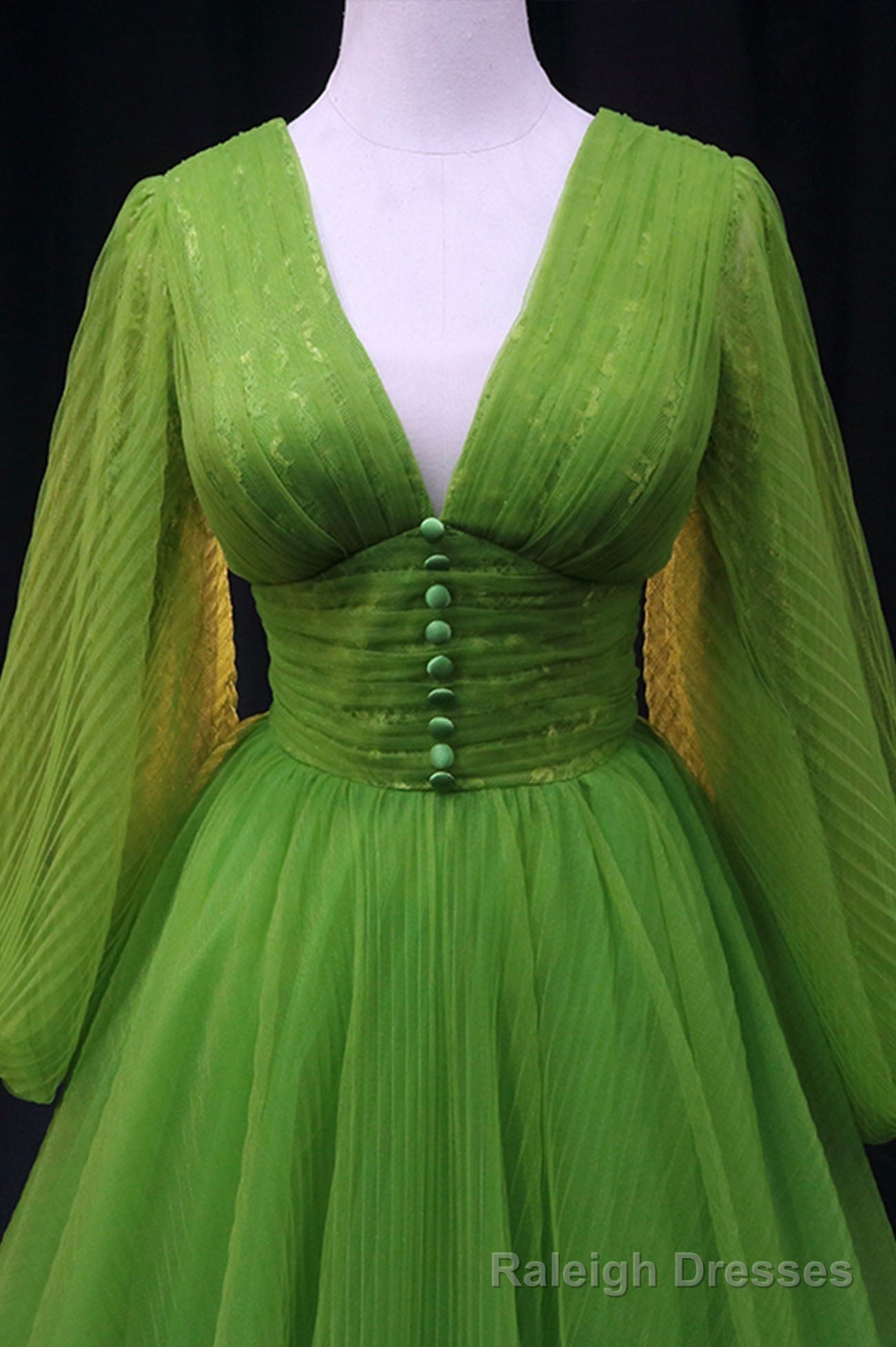 Green V Neck Tulle Long Prom Dress, Long Sleeve Green Formal Prom Dress Secondary image