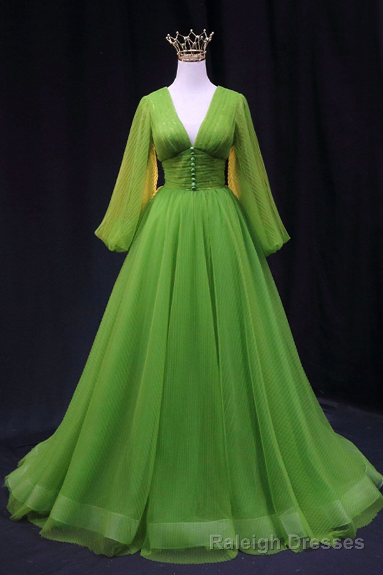 Green V Neck Tulle Long Prom Dress, Long Sleeve Green Formal Prom Dress Main image